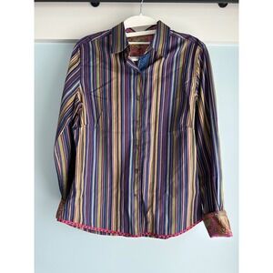 Robert Graham Striped Button Down Shirt Paisley Trim Long Sleeve Size 6
